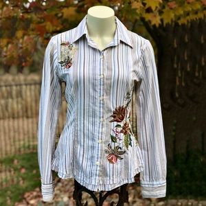 Johnny Was 3J Workshop women’s button up long sleeve embroidered pinstripe shirt